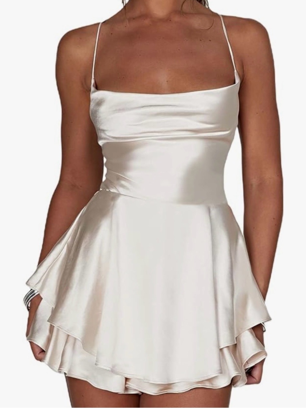 Backless Satin Spaghetti-Strap Mini Dress in Cream / Ivory